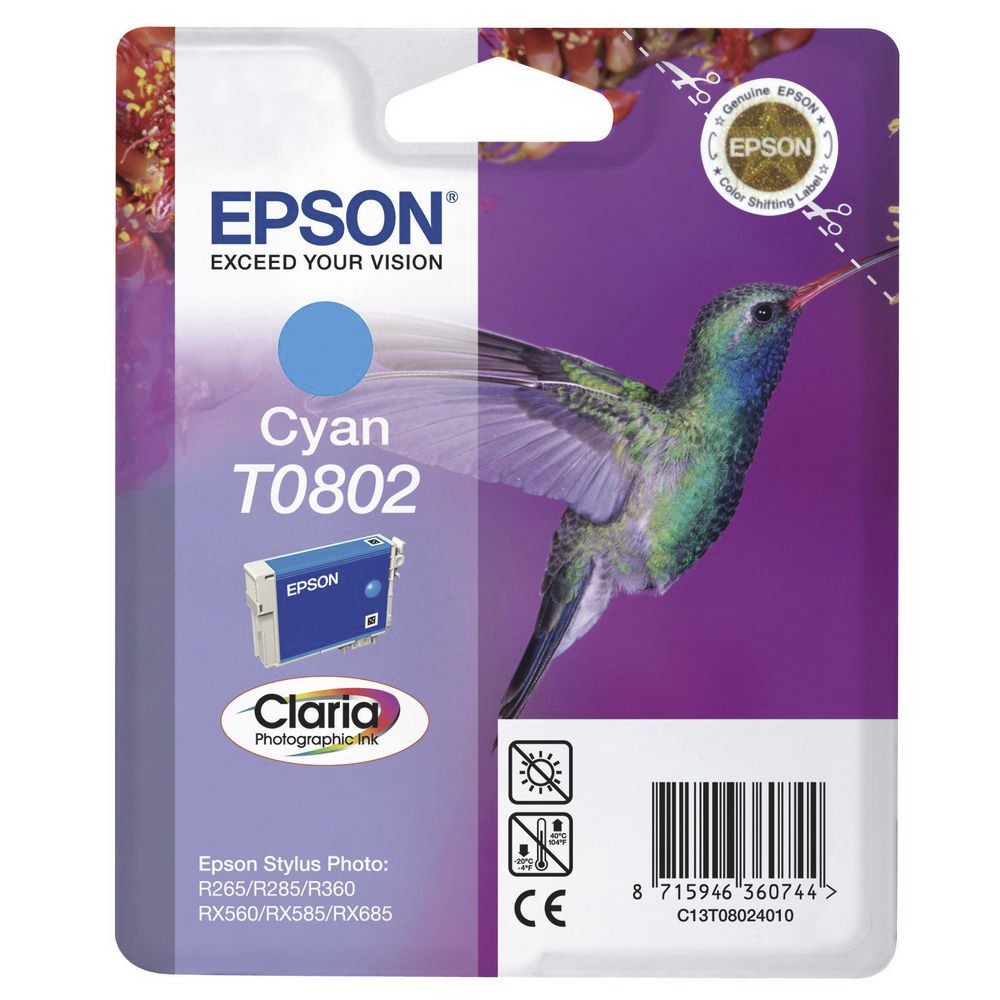 Genuine Epson T0802 Cyan Ink Cartridge Stylus Photo PX810FW PX820FWD PX830FWD