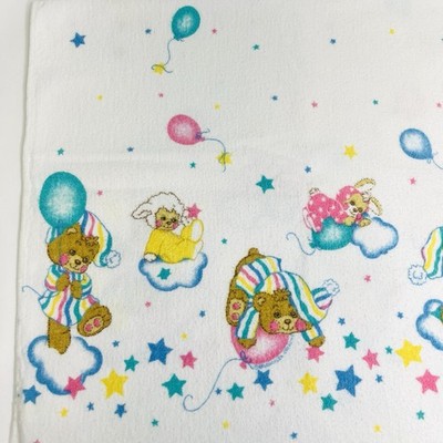 Vintage Teddy Beddy Bear Blanket Stars Clouds Balloons Pink Teal 1990s Receiving