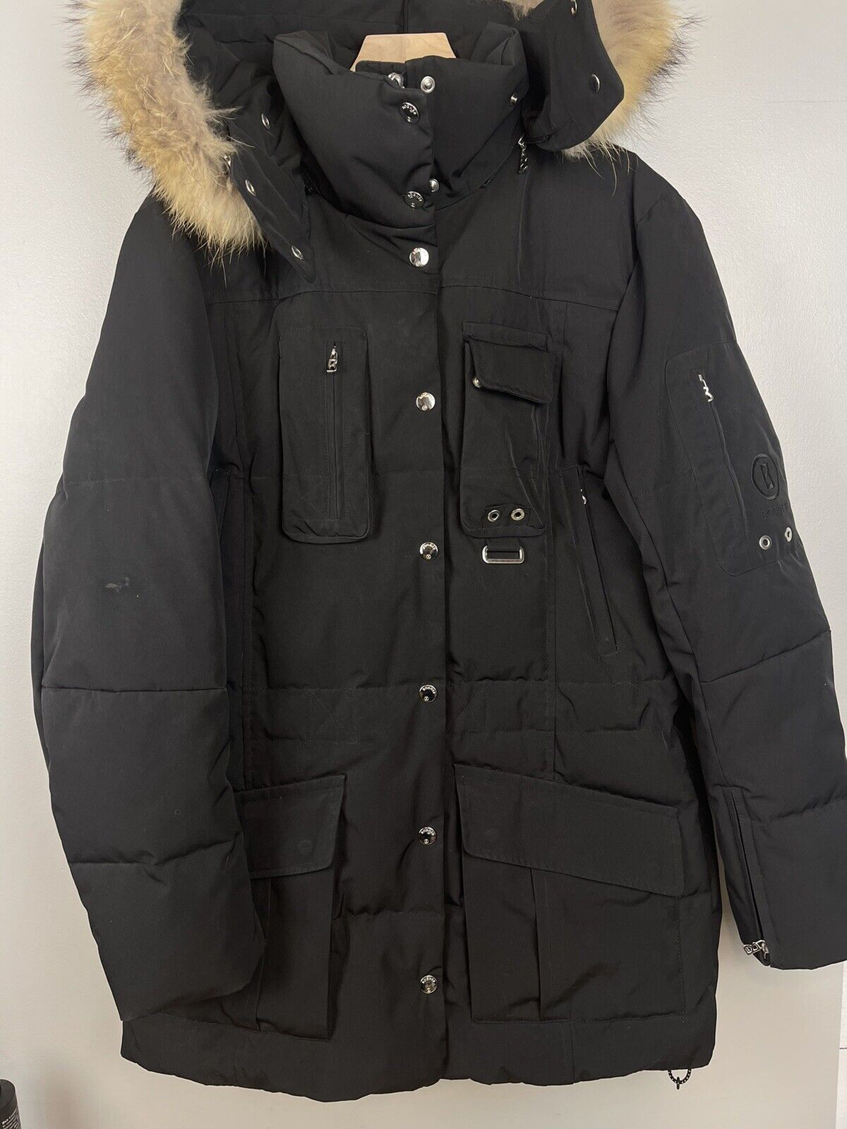 Bogner Women’s Black Leopard Print Hood Fur Ski Down Jacket Size 42 US 12