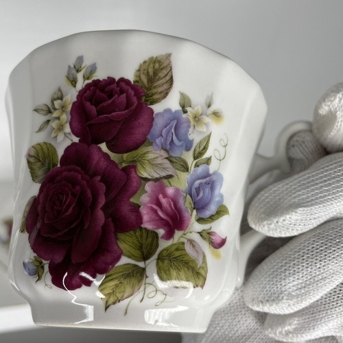 Royal Kendall Fine Bone China England Tea Cup w/Saucer Purple Roses Vtg. 1985 - Picture 6 of 9