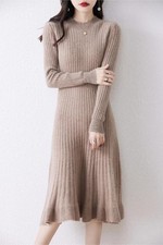 Wool Knitted Dress Women's Mid-length Crewneck Pullover Sweater Cashmere Skirt