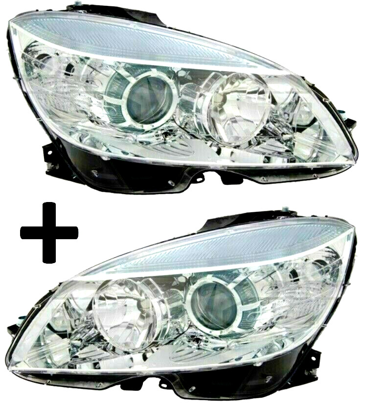 Optiques de phares avant finition chrome pour Mercedes Classe C W204 millésime 2007