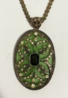 Vintage Women’s Necklace Costume Jewelry Green Oval Pendant Rhinestones