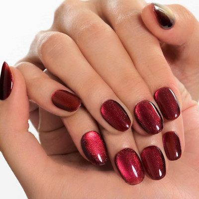 SHORT OVAL *RED CAT EYE* Full Cover 24 Shimmer Nail Tips Press On Glue Set!