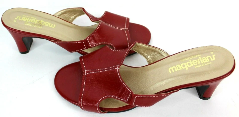 California Magdesians Red Leather White Stitch Slide On Sandal Size 8W Like New  - Image 2 of 4