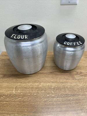 Vtg Mid Century Kromex Spun Aluminum 2-pc Canister Set Black Lid Flour CoffeeMCM