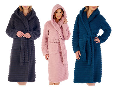 Slenderella Womens Hooded Wrap Bathrobe Striped Teddy Bear Fleece Dressing Gown