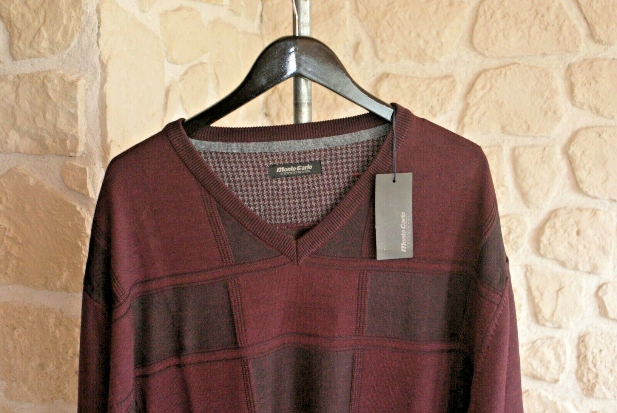 Pull Homme Monte Carlo Col V - Laine Mélangée à Carreaux Marron Et Gris - Taille 50