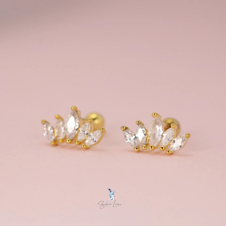 Chapado en Oro 925 Plata de Ley Circonita cúbica Flor de Loto Tornillo Bola Trasera Pendientes Foto 2 de 2