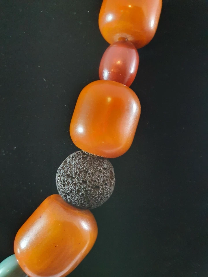 Янтарь!!! Ожерелье с янтарем, шарики вулканической лавы, кожа, серебро 925 пробы - Изображение 2 из 4