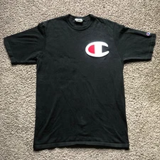 Vintage Champion Big C Logo Large Black Mens T-Shirt Embroidered 
