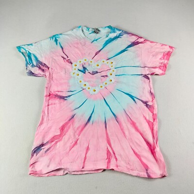 Gildan T Shirt Womens Medium Pink Blue 3D Floral Tie Dye Short Sleeve Crew Neck