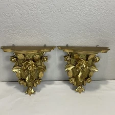 Antique Vintage Carved Wood Shelf Pair Gold Rose Floral Baroque Rococo Italian