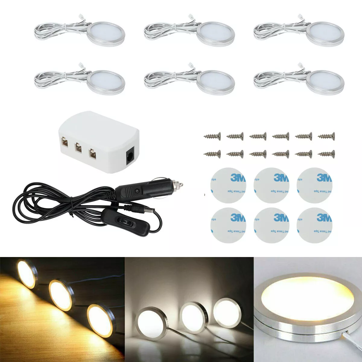 4 6Pcs Under Cabinet LED Lighting Kit Hardwired Wall Plug in Puck Lights Wired