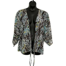 Lane Bryant Womens sz 22 24 Brown Floral 3/4 Sleeve Open Front Cinch Tie Closure
