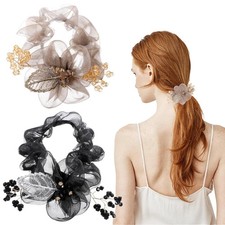 2 PCS Clear Flower Scrunchie for Women, Elastic Flower Hair Ties Rhinestone Pony