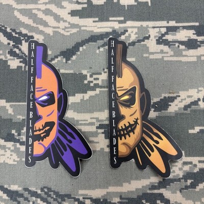 2 Half Face Blades Halloween Jack-O-Lantern Scarecrow Sticker Decal Slap