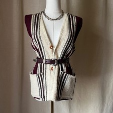 Vintage Handwoven Llama Pattern Wool Boho Striped Button Vest Pockets L/XL