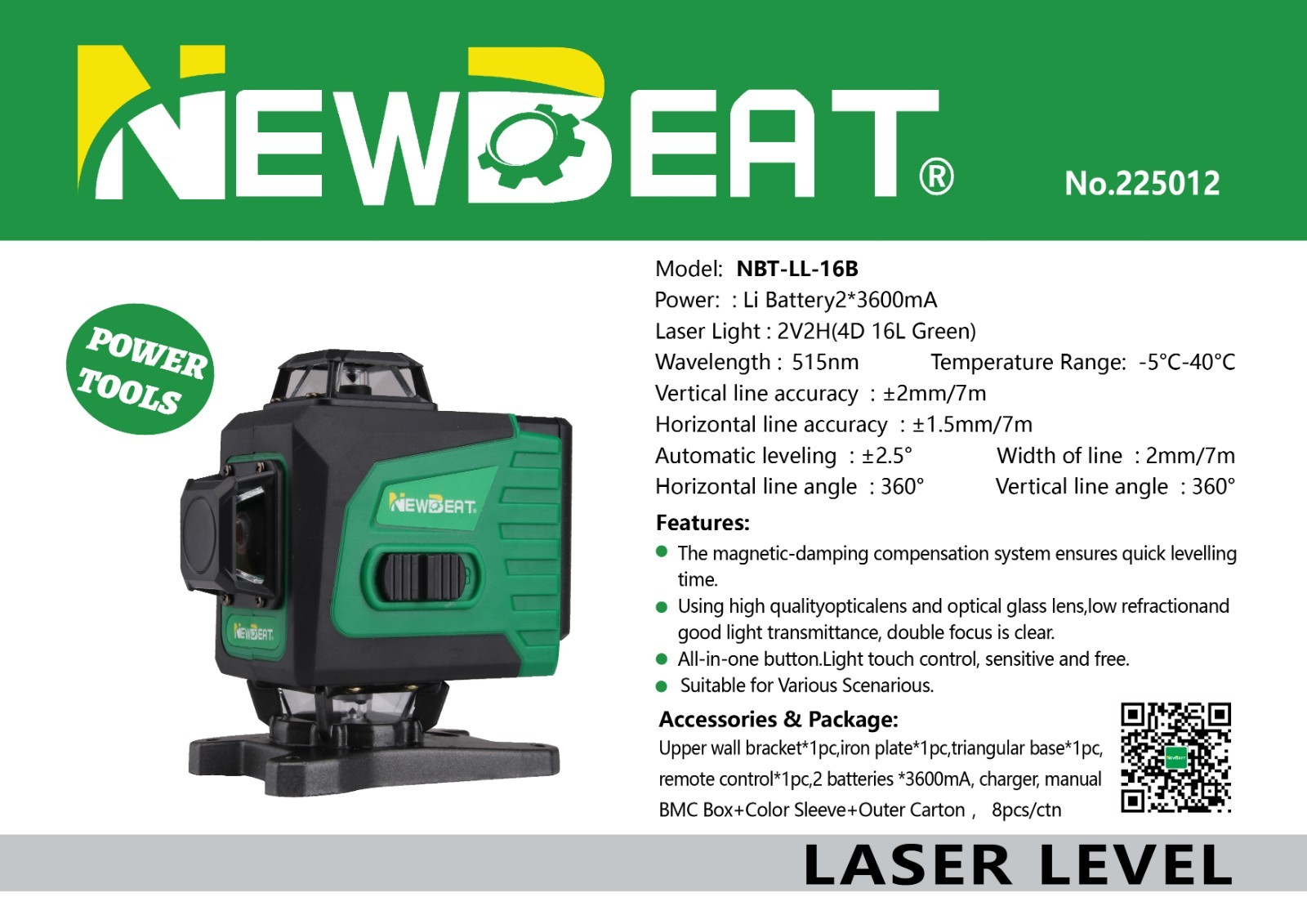 4V Laser Level 16Line Type-C 4×360° Self-leveling Construction Tools 2Battery