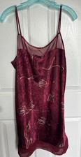 VTG 90s Delicates Burgundy Satin Nightgown Floral Slip Chemise Mini Dress M