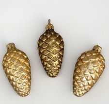 3 Blown Glass 3 Pine Cones Glittery Ornaments 2 Gold 1 Brown Natural Christmas