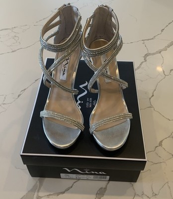 Nina ROELYN-MY Crystal Silver Heels. 4  Stiletto Size Women s 8 Medium
