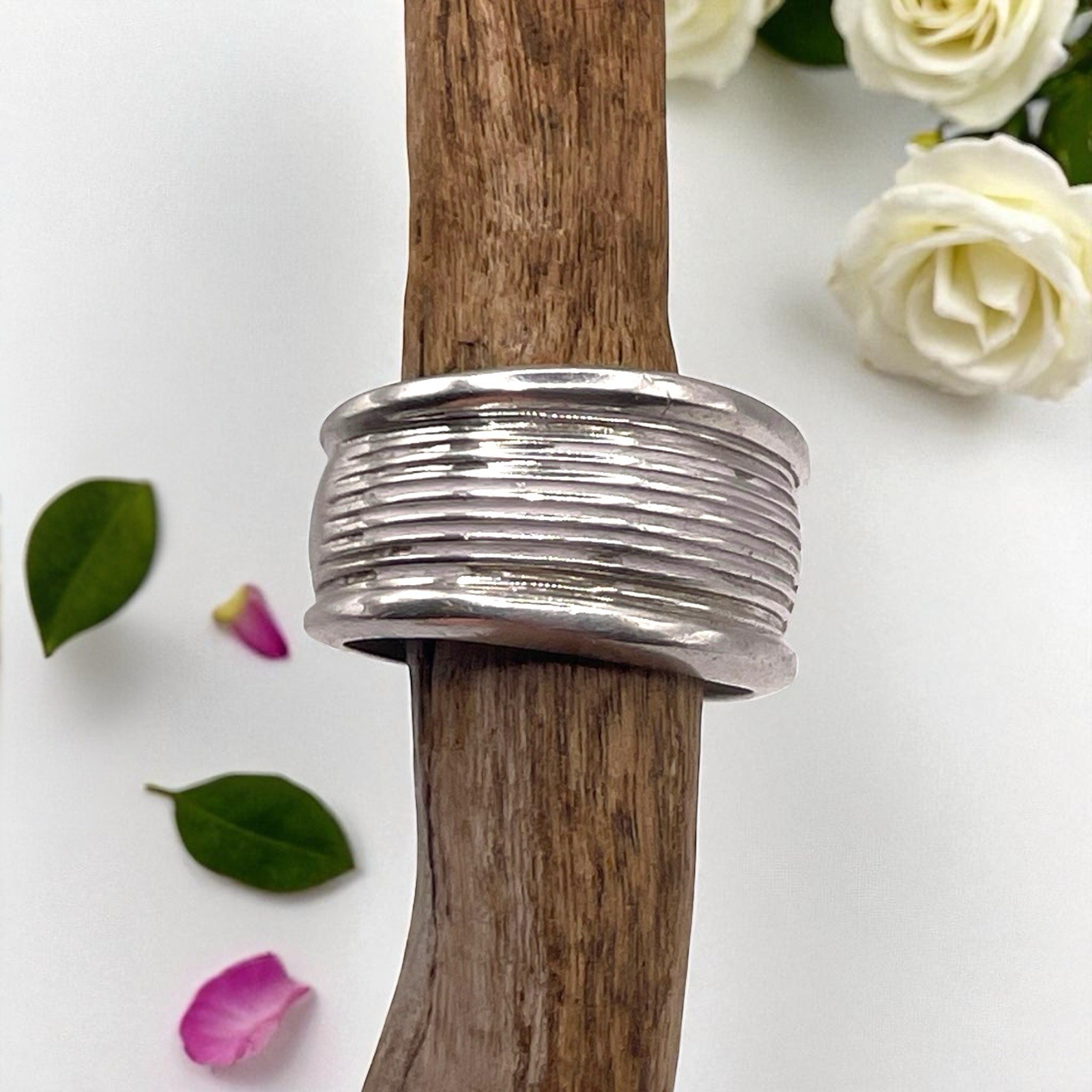 Solid Designer Ribbed 925 Sterling Silver 11mm Wi… - image 2