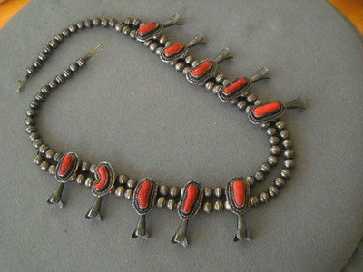 Native American Branch Coral Squash Blossom Sterling Silver Necklace 24''