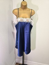 Blue Cream Satin Lace Trim Chemise Slip Dress Womens Lg Dainty Feminine Coquette
