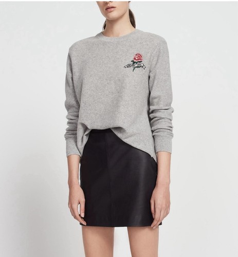 Sandro Paris Rose Embroidered 100% Wool Sweater Gray Size 1 Small