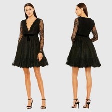 MAC DUGGAL Black Long Sleeve Deep V Lace Babydoll Dress Size 2 NWT