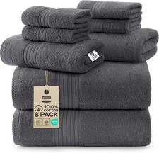 Ring Spun Cotton Towel Set, 8 Piece with Bath Hand and Washcloths, Grey