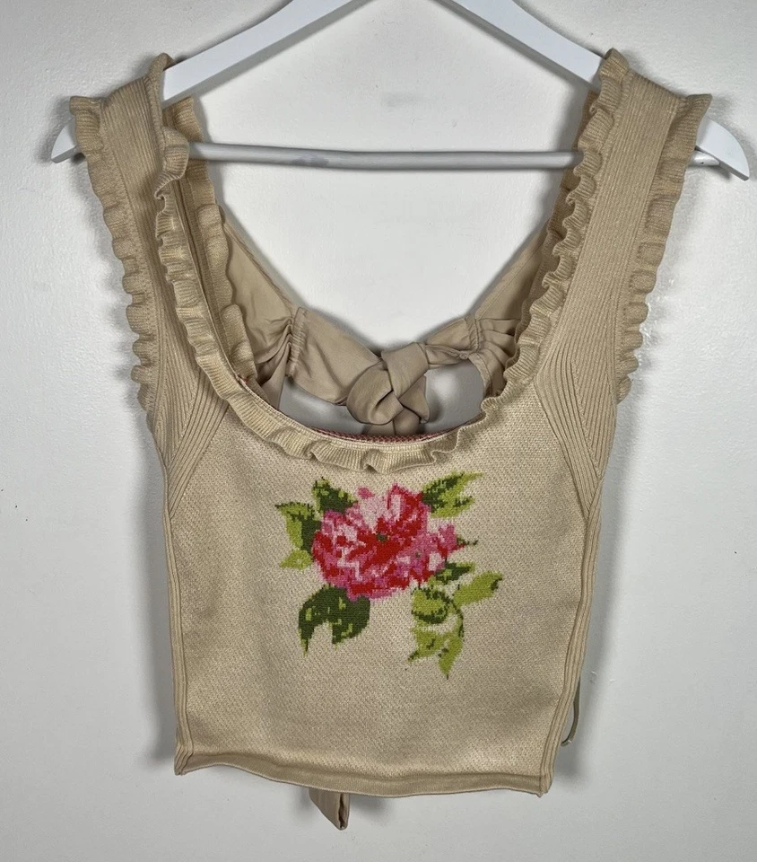 ANTHROPOLOGIE Pequeño Arco Espalda Tostado Rosa Volantes Sin Mangas Acanalado Suéter Tanque Foto 3 de 4