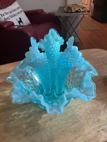Vintage Fenton Blue Epergne Opalescent Diamond Hobnail Glass 9.25”H