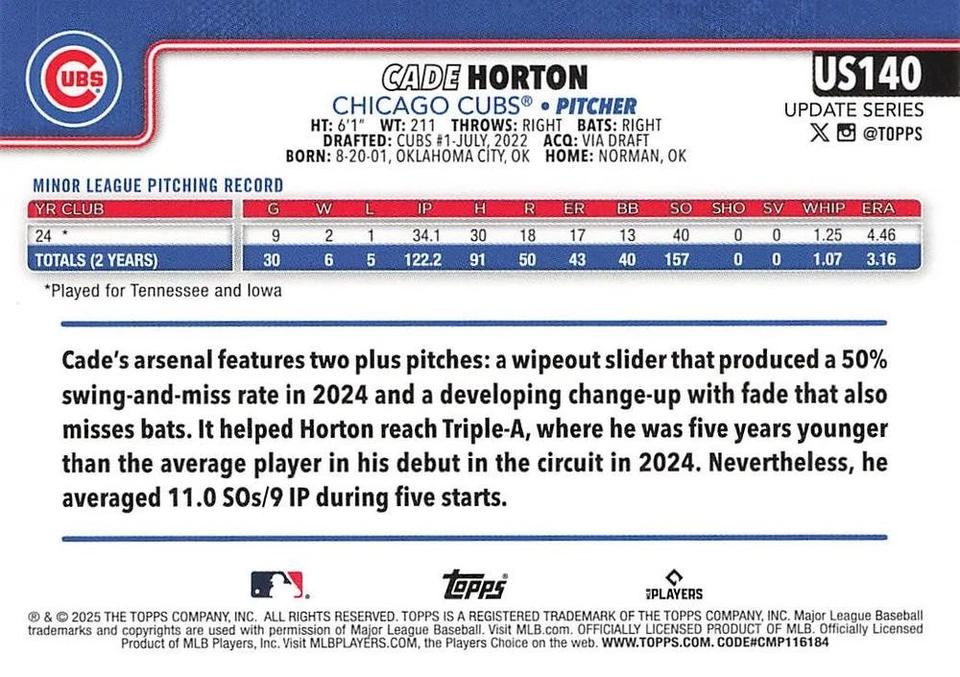 2025 Topps Update Baseball #US140 Cade Horton Chicago Cubs Rookie - Image 2 of 2