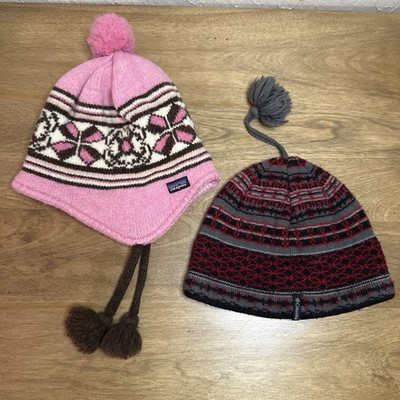 Lot 2 Patagonia Kids Med Wool Lined & Columbia Youth O/S Beanie Winter Snow Pom