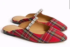 J. Crew Size 6.5  Tartan Rhinestone Mules Red Black Multi Open Heel Slip On Flat