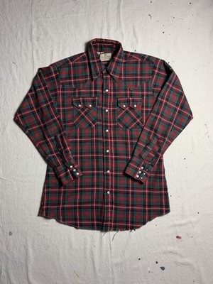 Vintage Dee Cee Western Shirt Men Medium Pearl Snap Sawtooth 70s Red Black Green