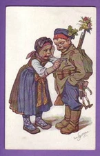 GERMANY PATRIOTIC SOLDIER BOY WITH MEDAL AND GIRL VINTAGE POSTCARD 3913