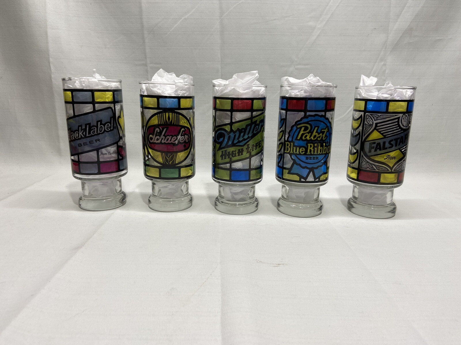 VINTAGE Stained Glass Beer Glasses 5 Pabst Miller Schaefer Falstaff