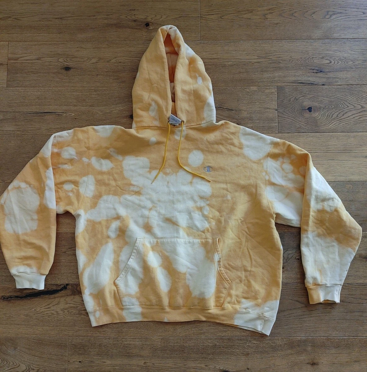 Yellow Champion Bleached Dyed Pullover Hoodie Size XL Small Flaws