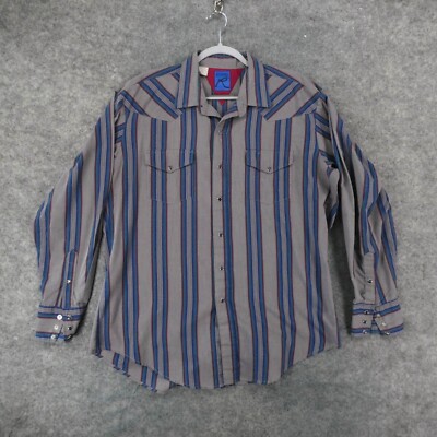 Roper Shirt Mens Large Long Sleeve Snap Up Gray Blue Striped Western
