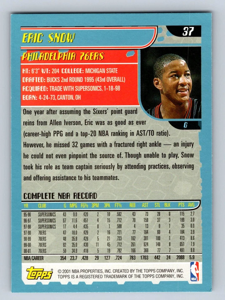 2001-02 Topps #37 Eric Snow - Image 2 of 2