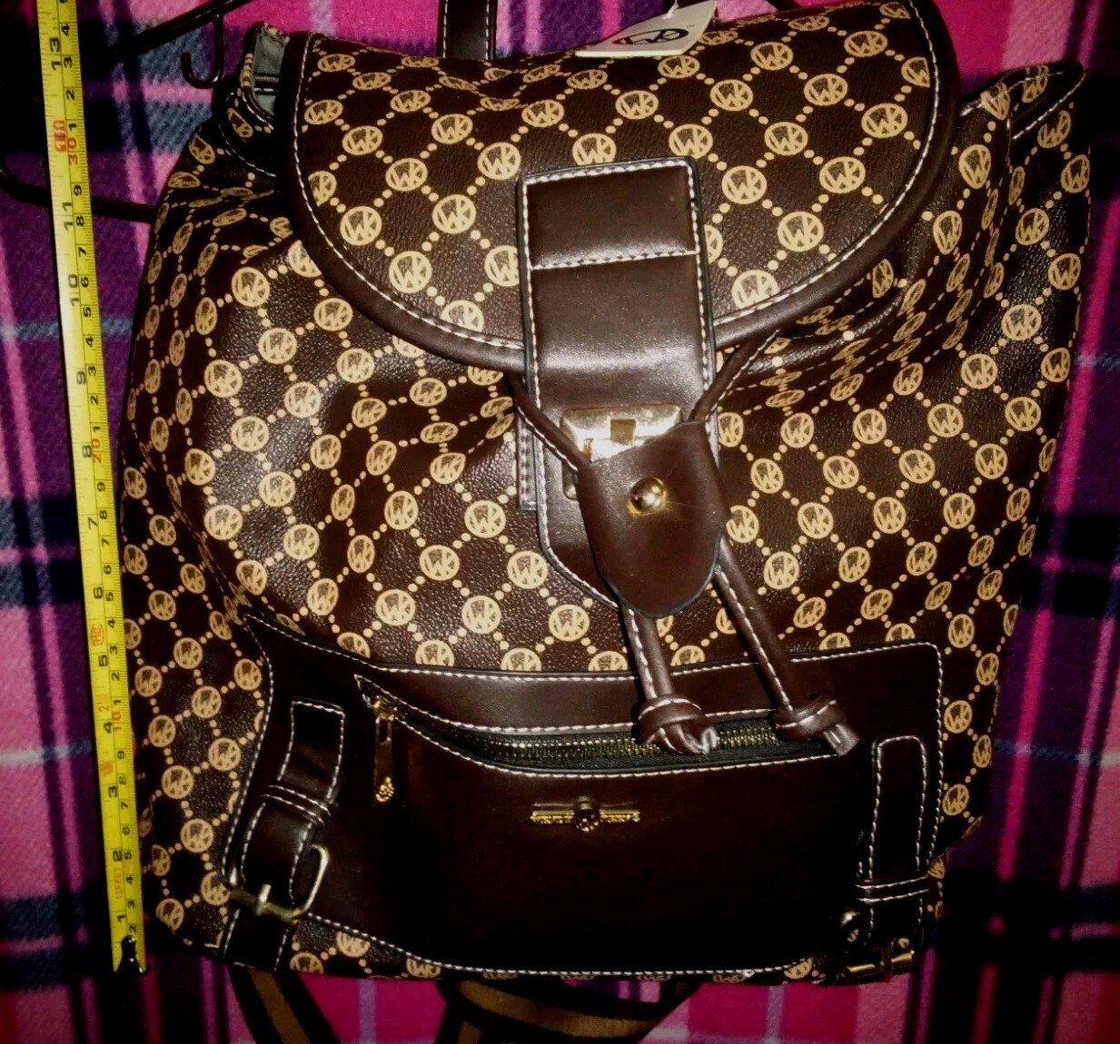 Wendy Keen Bucket Backpack Brown/Carmel Leather Signature Monogram- NWT