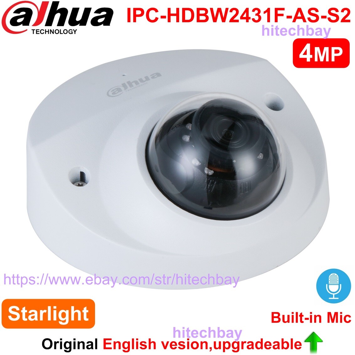 Dahua IPC-HDBW2431F-AS-S2 Starlight 4MP IP Mini Dome Camera PoE Built-in Mic | eBay
