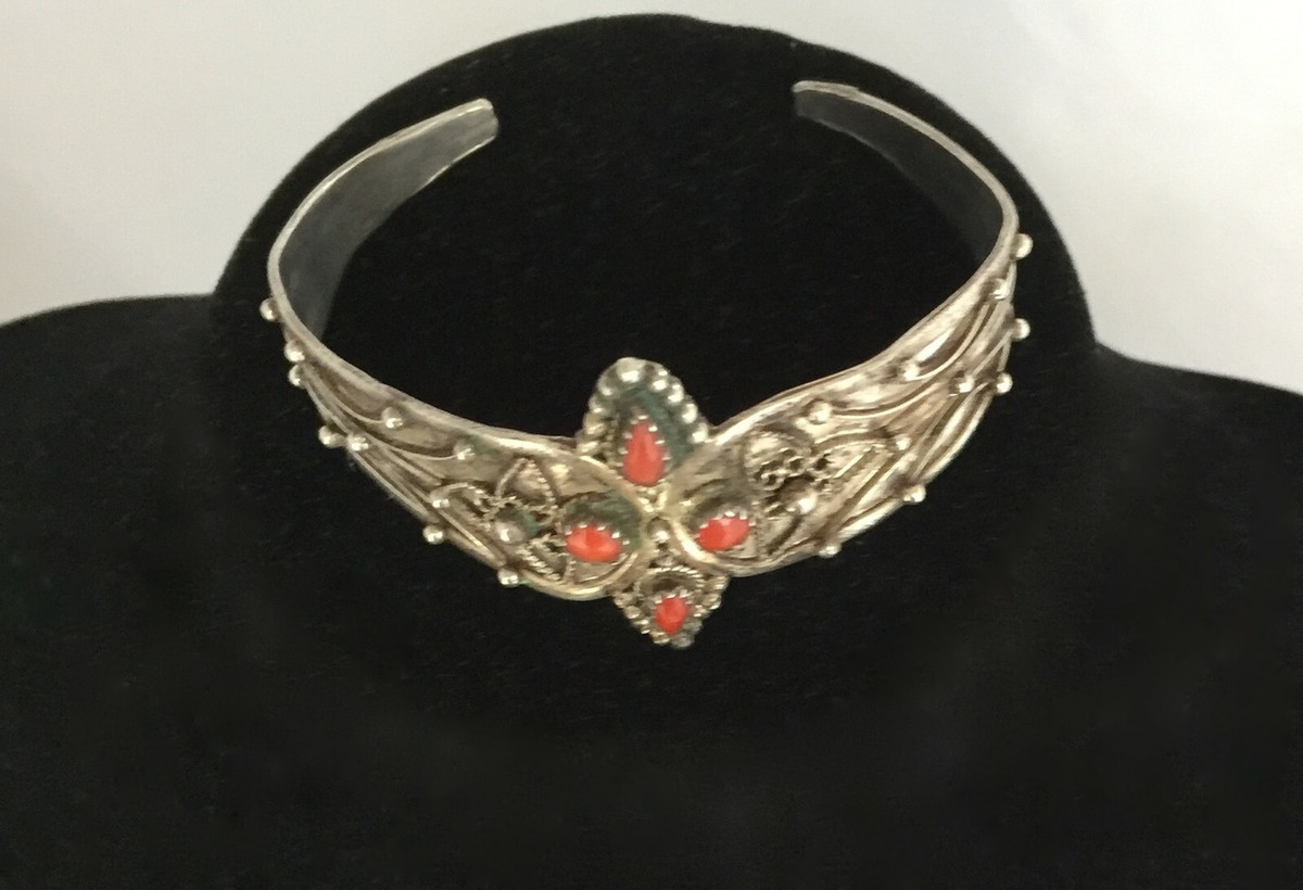 Bracelet Berbère Ancien Métal Argenté Et Cabochons Pâte De Verre Corail - Début XXe, Art Nouveau, Occasion