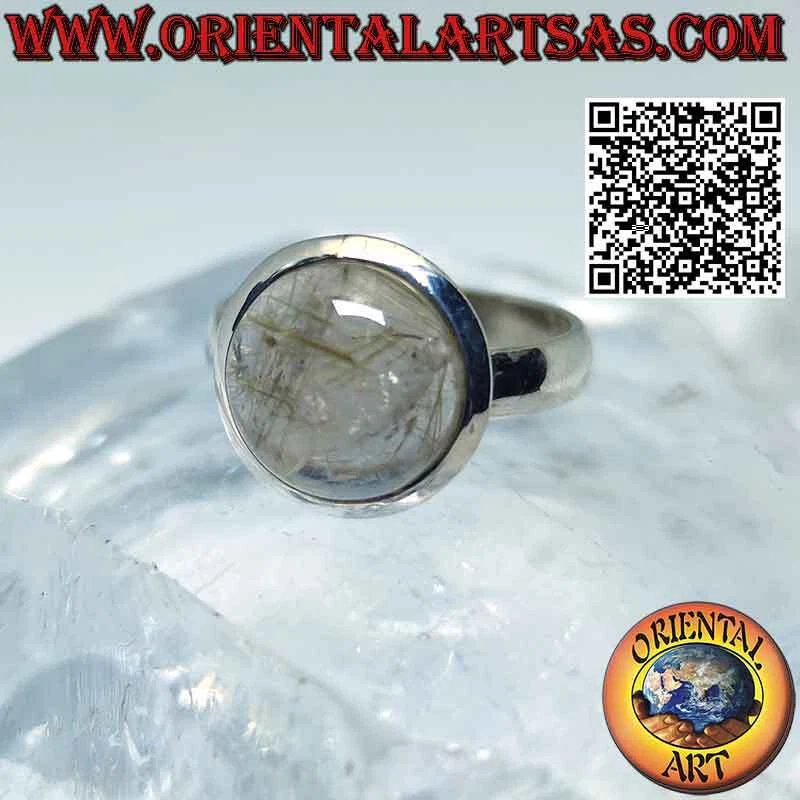 Anello in argento 925‰ con quarzo rutilato tondo cabochon e bordo liscio - Immagine 2 di 4