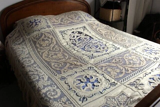 Dessus De Lit Vintage Fait Main Inachevé - 9 Patchs Bleu Et Blanc - Taille Jumeau 58x73