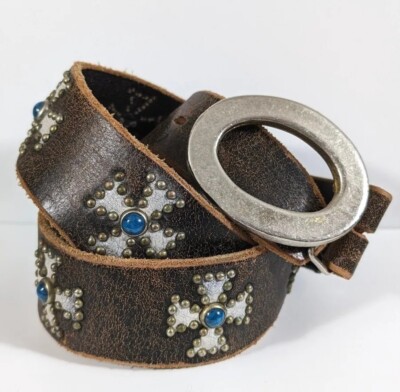 BALTAZAR size M Studded Cross Leather Belt Brown White Crosses