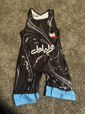 small iran international wrestling singlet good condition black and blue